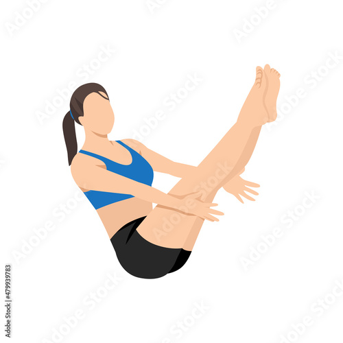 Woman doing Boat pose or Paripurna navasana exercise. Flat vector illustration isolated on white background