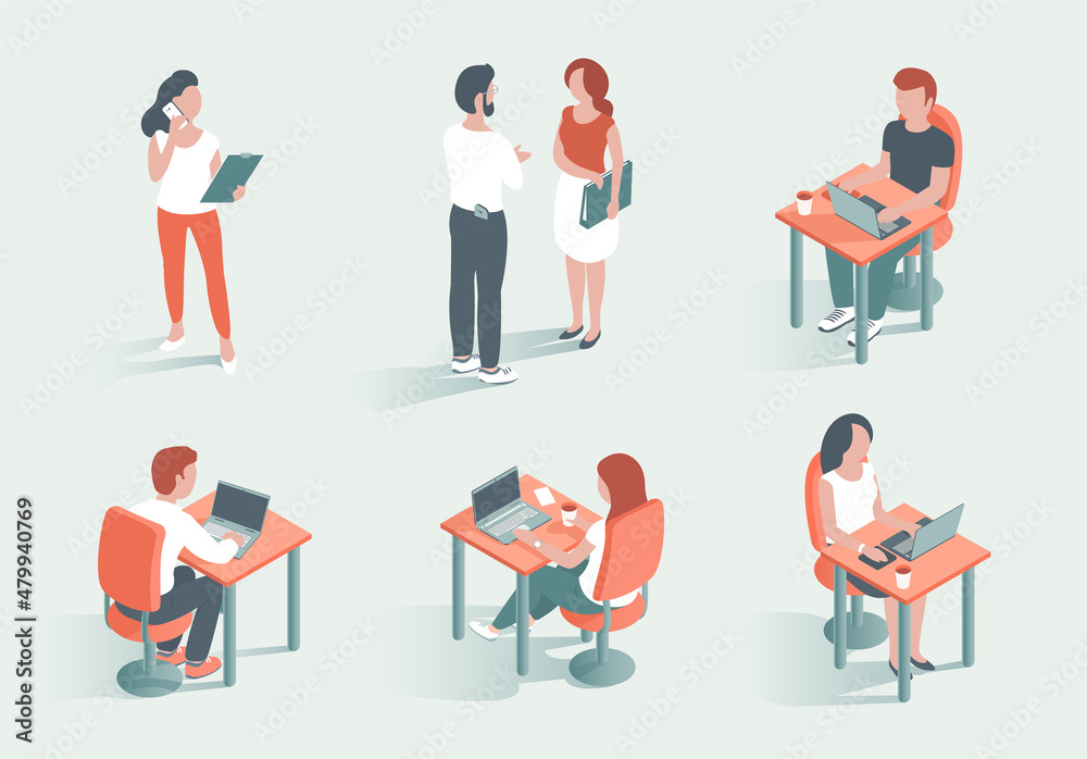 Modern young men and women work in the business office. Set of people. Sit at laptops, talk on the phone. Vector isometric illustration Modern young men and women work in the business office. Set of people. Sit at laptops, talk on the phone. Vector isometric illustration