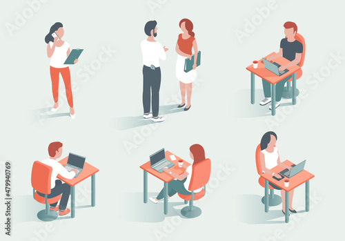 Modern young men and women work in the business office. Set of people. Sit at laptops, talk on the phone. Vector isometric illustration