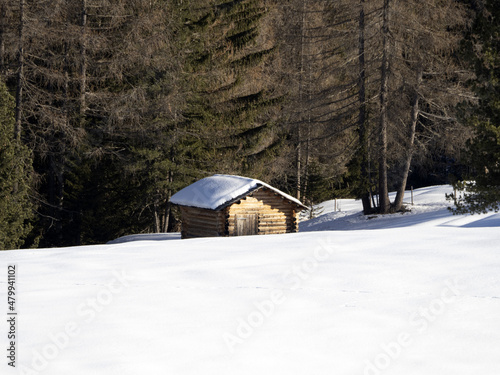 dolomites snow panorama wooden hut val badia armentara photo