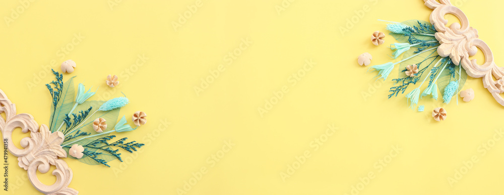 Top view image of autumn forest natural composition over yellow background .Flat lay Top view image of autumn forest natural composition over yellow background .Flat lay