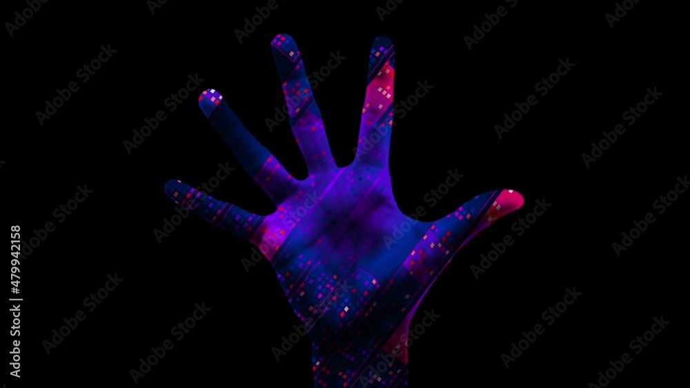 The hand is an equalizer. 4K. Projection of musical graphics on a 3D palm. The hand is an equalizer. 4K. Projection of musical graphics on a 3D palm.