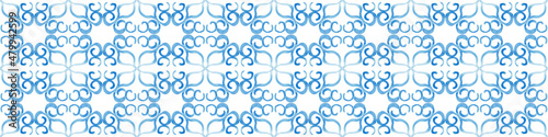 Watercolor social media border pattern seamless. Blue ceramic ornament texture. Portuguese azulejos, sicily italian majolica, mexican talavera, spanish, moroccan arabesque motifs. White isolated.