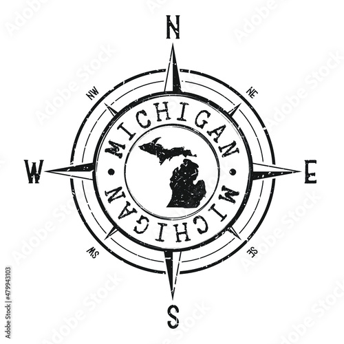 Michigan, USA Stamp Map Compass Adventure. Illustration Travel Country Symbol. Seal Expedition Wind Rose Icon.