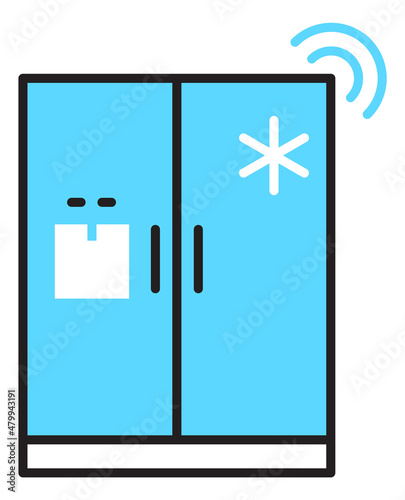 Smart fridge icon. Blue refridgerator with wireless internet connection