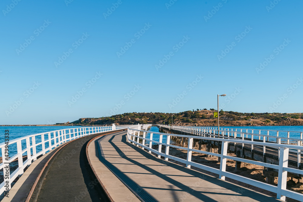 Victor Harbor to Granite Island new causeway viewed from the mainland on a day, Fleurieu Peninsula, South Australia