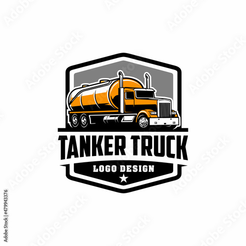 Tank truck, fuel and oil tanker truck, septic tank pumping truck logo vector