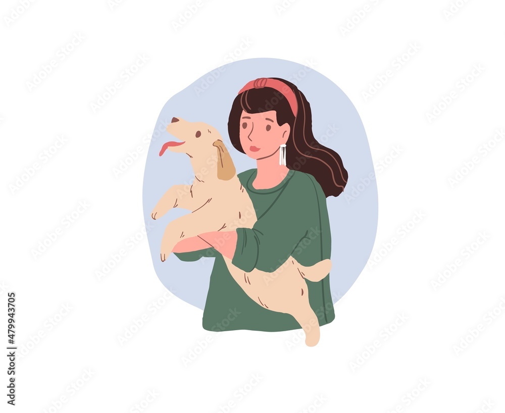 Vector cartoon flat happy woman character holding dog in her arms on empty background-positive emotions,human and domestic animal friendly relationships,pet care concept,web site banner ad design Vector cartoon flat happy woman character holding dog in her arms on empty background-positive emotions,human and domestic animal friendly relationships,pet care concept,web site banner ad design