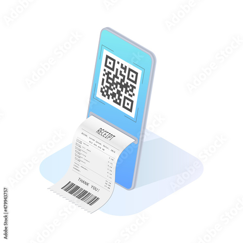 Qr code pay. 3d, isometric Mobile phone with receipt or bill. Qrcode scan by smartphone. Online payment concept. Vector illustration.