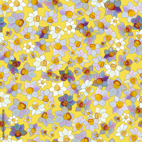 Cheerful seamless EPS10 pattern with colorful spring flowers. Rainbow and white daffodils on illuminating yellow. Ditsy design for children apparel in small scale, for bed linen in large scale.