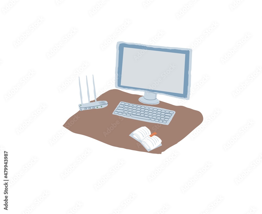 Vector flat cartoon computer monitor,keyboard,router and book-home appliances,electronic office equipment,modern digital technologies and workspace organization concept,web site banner ad design Vector flat cartoon computer monitor,keyboard,router and book-home appliances,electronic office equipment,modern digital technologies and workspace organization concept,web site banner ad design