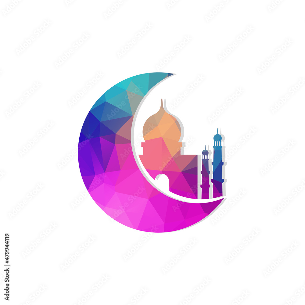 illustration of moon and mosque with colorful