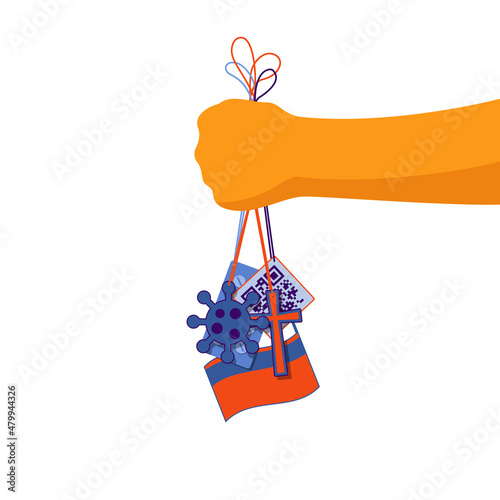 Religious and public symbols clenched in hand. Society manipulation concept.