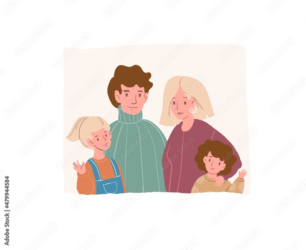 Vector cartoon flat happy family characters parents and kids.Mom,dad,daughter and son smiling and waving hands-positive emotions,healthy family relationships social concept,web site banner ad design Vector cartoon flat happy family characters parents and kids.Mom,dad,daughter and son smiling and waving hands-positive emotions,healthy family relationships social concept,web site banner ad design