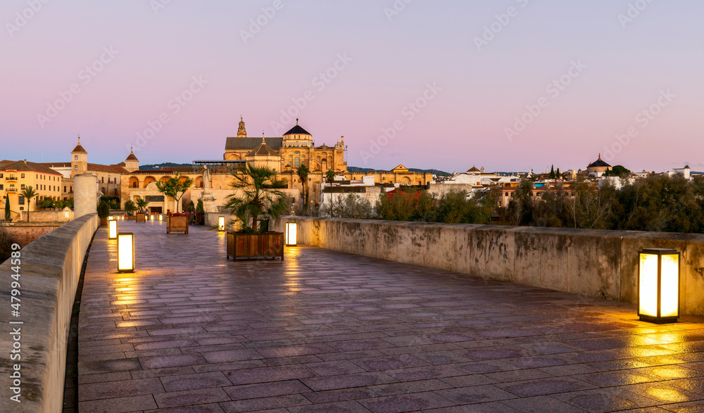 Cordoba, Spain, Andalusia. Roman bridge over the Guadalquivir river and the Great Mosque (Mezquita Cathedral)