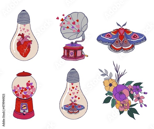 Vector valentines clipart. Funny valentines illustrations. Bubblegum machine, lamps and gramophone with hearts. Valentines stickers and tattoos.