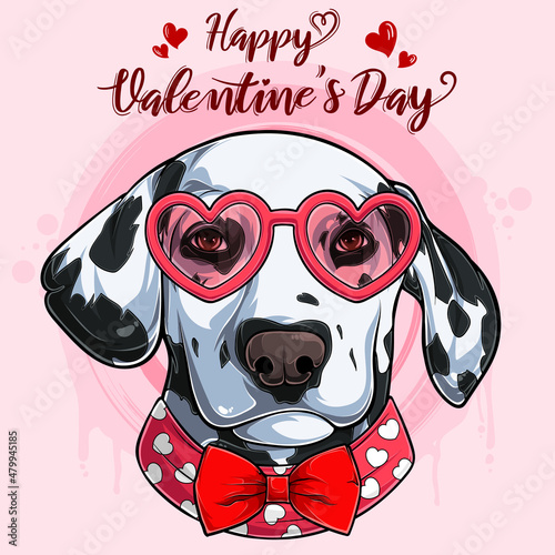 Happy Valentine's day Dalmatian dog head wearing glasses in the shape of heart and red bowtie
