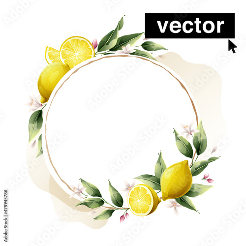 Hand-drawn watercolor painting lemon frame on white background. Vector illustration of green leaves, flowers, buds, and branches.