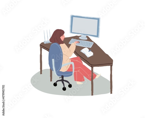 Vector cartoon flat woman character sits at table,young girl studies and works using computer-distance education and working,online learning and freelance work concept,web site banner ad design