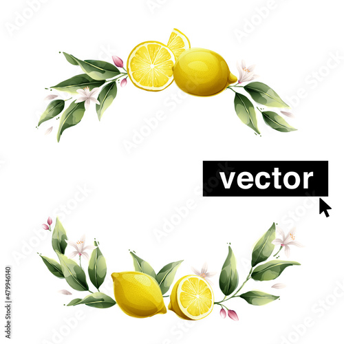 Vector lemon wreath watercolor style illustration. Set of green leaves, flowers, buds, and branches.