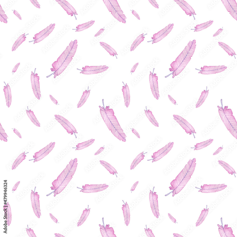 Pink feathers on the white background. Watercolor hand-drawn illustration. Bird feather seamless pattern. Pink feathers on the white background. Watercolor hand-drawn illustration. Bird feather seamless pattern.
