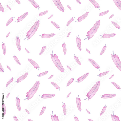 Pink feathers on the white background. Watercolor hand-drawn illustration. Bird feather seamless pattern.