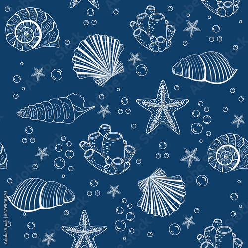 A pattern of seashells of different colors on a blue background, vector illustration