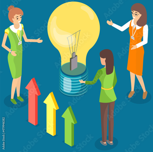 Isometric light bulb as symbol of new creative idea. People working on development of business plan. Planning startup, successful strategy concept. Women discussing new project, develop idea