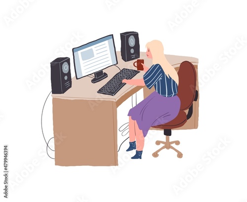 Vector cartoon flat woman character sits at table,young girl studies and works using computer-distance education and working,online learning and freelance work concept,web site banner ad design