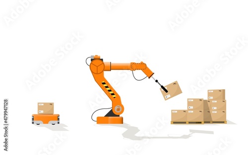 The robot arm picks up the box from the robotic trolley and stacks it on pallets. Warehouse automation concept. Vector illustration.