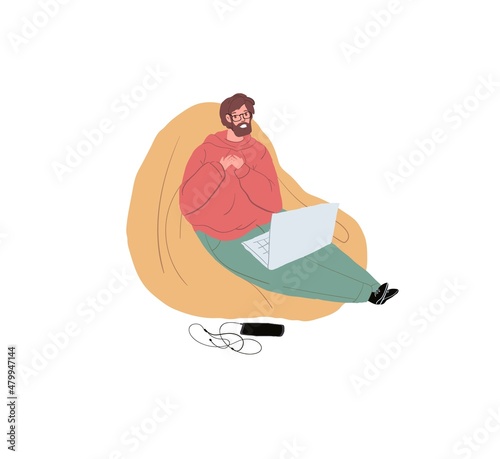 Vector cartoon flat man character sits in bag chair,uses laptop,joyfully talk smiling-mobile app using,positive emotions,relationships,online social communication concept,web site banner ad design