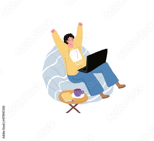 Vector cartoon flat man character sits in bag chair,uses laptop,joyfully gesticulate rejoicing success-mobile app using,positive emotions,online social communication concept,web site banner ad design