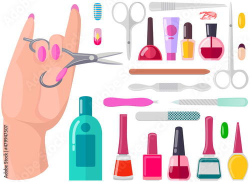 Various accessories and tools for manicure. Hand care products, manicure supplies. Equipment, scissors, nail clippers, polish and nail file. Manicurist supplies for working with nails and cuticles