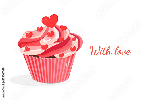 Sweet pink cupcake with hearts. Vector illustration of cupcake icon for postcard  textile  decor  poster  banner. Greeting card for Valentine s Day and other holidays.