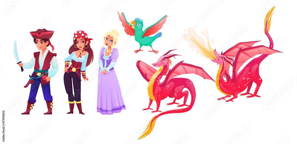 Fairy tale characters. Cartoon pirates, princess, parrot, good and evil fire-breathing dragon isolated on white background