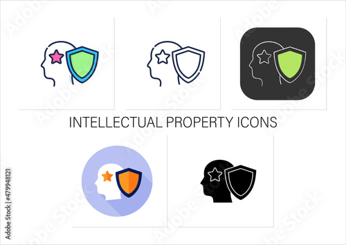 Intellectual property icons set. Copyright. Intangible creations. Law protects. Asset management concept. Collection of icons in linear, filled, color styles.Isolated vector illustrations