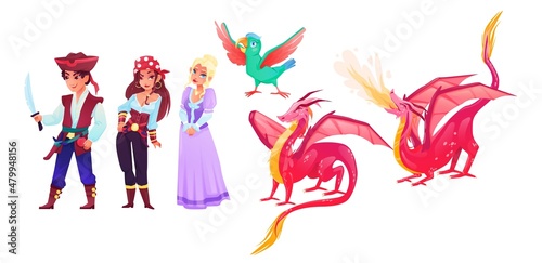 Fairy tale characters. Cartoon pirates  princess  parrot  good and evil fire-breathing dragon isolated on white background