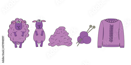 Concept of getting wool for knitting by shearing sheep in cartoon style. Vector illustration.