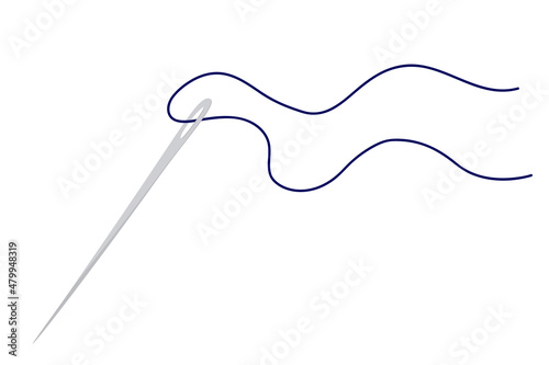 Vector illustration of a sewing needle with blue cotton thread isolated on a white background.