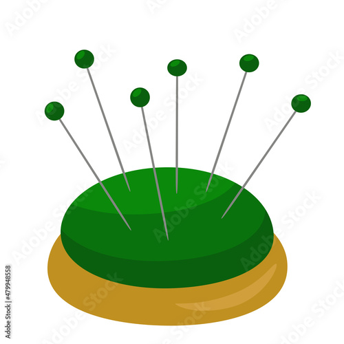 Vector illustration of a green pincushion with pins isolated on a white background.