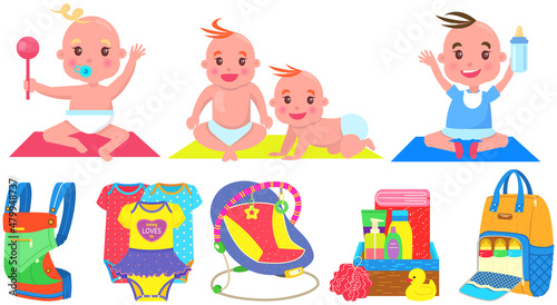 Multinational children, kids playing, baby care objects, newborn items supplies, set of icons. Toys, clothes, devices for transporting, bathing of babies. Babies in diapers crawling, smiling