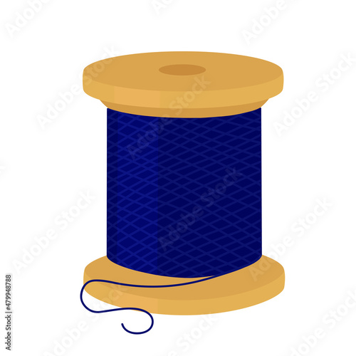 Wooden spool of blue cotton thread isolated on a white background. Vector illustration.