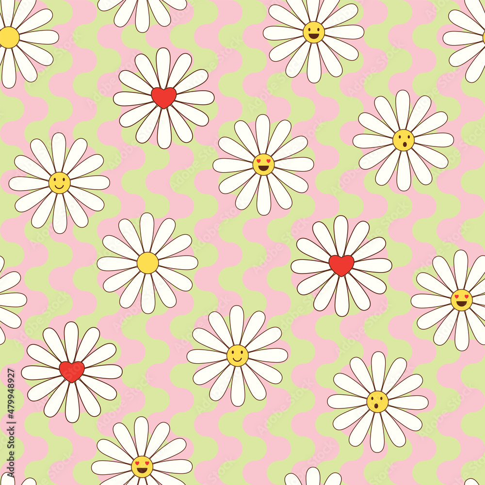 Colorful seamless pattern in geometric style with ditsy flowers. Groovy and fun vector print with smiled faces in chamomile flowers, cartoon style. Retro and hippie aesthetic, love and peace Colorful seamless pattern in geometric style with ditsy flowers. Groovy and fun vector print with smiled faces in chamomile flowers, cartoon style. Retro and hippie aesthetic, love and peace