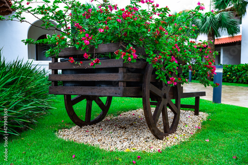 decorative wooden cart with flowers