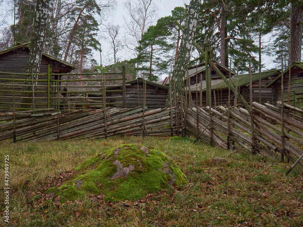 Seurasaari Island in Finnish Helsinki: autumn, old wooden houses, farm, wooden fence in old style.