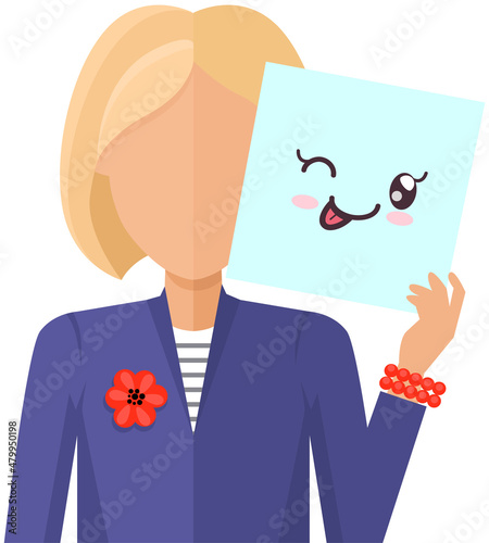 Woman holding picture of cute kawaii face with winking eye. Manga style eyes and mouths. Funny japanese positive facial expression. Eastern kawaii anime culture elements. Lady shows positive emotion
