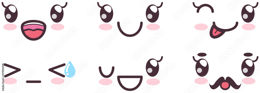 Fototapeta premium Kawaii cute faces on colorful backgrounds set. Manga style eyes and mouths. Funny cartoon japanese emotion in different face expressions. Anime characters and emotions. Eastern kawaii culture design