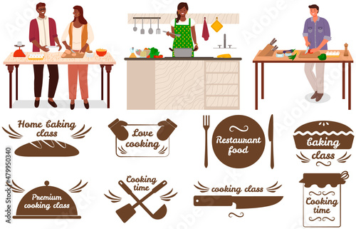 Set of hand writings about kitchen and cooking. Best time, home baking, restaurant food, lets cook. Hand drawn letterings in simple style near people preparing food, creating dishes in kitchen