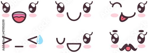 Kawaii cute faces on colorful backgrounds set. Manga style eyes and mouths. Funny cartoon japanese emotion in different face expressions. Anime characters and emotions. Eastern kawaii culture design
