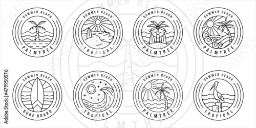 set of tropical island and palm tree logo line art vector illustration template icon graphic design. bundle collection of various paradise icon with typography circle badge 